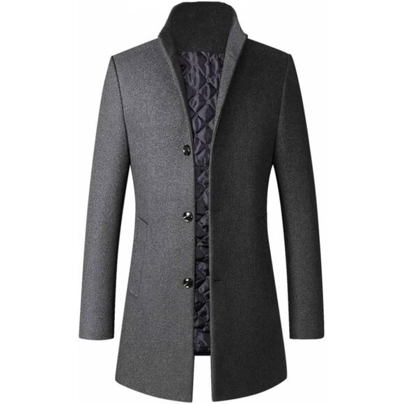 Men's Gray-fleece  Blend Slim Fit Top Coat Single Breasted Business Trench Coat - Picture 1 of 2